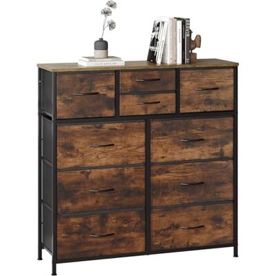 WOLTU Ladekast met 10 laden in 3 maten voor slaapkamer, hal, woonkamer, stoffen commode, vintage bruin en zwart, metalen frame, gepatineerd hout E1 WOLTU Ladekast met 10 laden in 3 maten voor slaapkamer, hal, woonkamer, stoffen commode, vintage bruin en zwart, metalen frame, gepatineerd hout E1