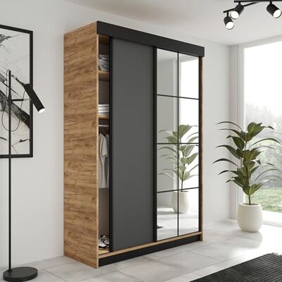 KIER FURNITURE LAMARO Schuifkast met spiegel Kledingkast slaapkamer Wardrobe Slaapkamer Kasten Kledingkasten 138x205x59 Eiken Handwerk Goud & Grafiet KIER FURNITURE LAMARO Schuifkast met spiegel Kledingkast slaapkamer Wardrobe Slaapkamer Kasten Kledingkasten 138x205x59 Eiken Handwerk Goud & Grafiet