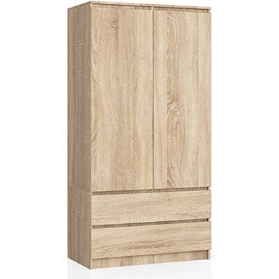AKORD Kledingkast met twee deuren S 90 cm 2 laden met planken en kledingstang voor slaapkamer minimalistische stijl 16 mm laminaatplaat Sonoma AKORD Kledingkast met twee deuren S 90 cm 2 laden met planken en kledingstang voor slaapkamer minimalistische stijl 16 mm laminaatplaat Sonoma