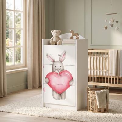 Happy Babies Kindercommode wit met 3 laden, ladekast met mooie print, waskast voor kinderkamer, babykamer, uniseks, nr. 103 Happy Babies Kindercommode wit met 3 laden, ladekast met mooie print, waskast voor kinderkamer, babykamer, uniseks, nr. 103
