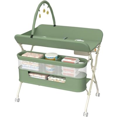 LANTUS Luiertafel met wieltjes, opvouwbaar, draagbaar, 5 niveaus, verstelbaar, opbergmand om op te hangen voor pasgeborenen, voor babykamer, 75 x 68 x 83-91 cm (B), groen LANTUS Luiertafel met wieltjes, opvouwbaar, draagbaar, 5 niveaus, verstelbaar, opbergmand om op te hangen voor pasgeborenen, voor babykamer, 75 x 68 x 83-91 cm (B), groen