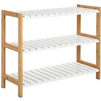HOMCOM Schoenenrek met 3 niveaus, 70 x 26 x 57,5 cm, wit, natuurlijk hout HOMCOM Schoenenrek met 3 niveaus, 70 x 26 x 57,5 cm, wit, natuurlijk hout