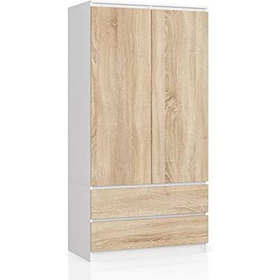 AKORD Kledingkast met twee deuren S 90 cm 2 laden met planken en een kledingstang voor een slaapkamer, minimalistische stijl, 16 mm laminaatplaat, kleur: wit/sonoma AKORD Kledingkast met twee deuren S 90 cm 2 laden met planken en een kledingstang voor een slaapkamer, minimalistische stijl, 16 mm laminaatplaat, kleur: wit/sonoma