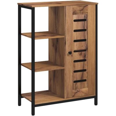 kleankin Badkamermeubel op standaard, 60 x 30 x 85 cm, rustiek bruin Opbergkast, industrieel design, stalen frame, 3 open planken, kast met 2 niveaus, lamellendeur kleankin Badkamermeubel op standaard, 60 x 30 x 85 cm, rustiek bruin Opbergkast, industrieel design, stalen frame, 3 open planken, kast met 2 niveaus, lamellendeur
