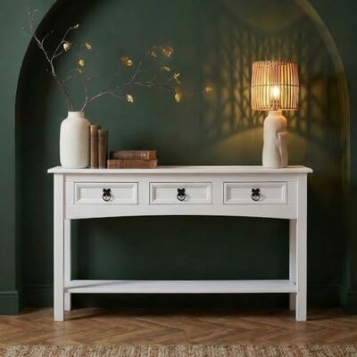 IDIMEX Landelijke console Mexicaanse stijl met 3 laden en 1 plank, witte consoletafel van massief grenen, metalen handgrepen, wit gelakte afwerking IDIMEX Landelijke console Mexicaanse stijl met 3 laden en 1 plank, witte consoletafel van massief grenen, metalen handgrepen, wit gelakte afwerking