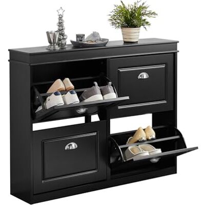 SoBuy FSR79-SCH Schoenenkast Smal Entree Schoenenkast van zwart hout met 4 kleppen en grote capaciteit, 105 x 24 x 83 cm voor smalle hal, entree, slaapkamer, FSR79-SCH SoBuy FSR79-SCH Schoenenkast Smal Entree Schoenenkast van zwart hout met 4 kleppen en grote capaciteit, 105 x 24 x 83 cm voor smalle hal, entree, slaapkamer, FSR79-SCH