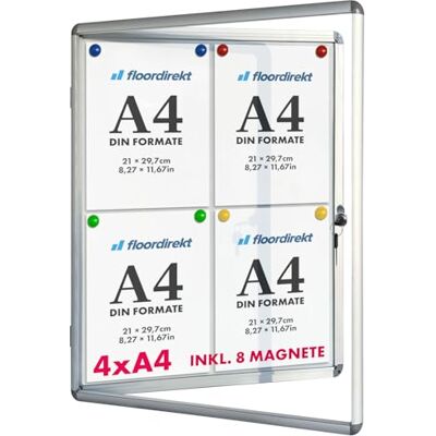 Floordirekt Vitrinekast 4 x A4 met 8 magneten, informatiedoos, hangbox, magnetische en beschrijfbare achterwand, met aluminium frame en acrylglas Floordirekt Vitrinekast 4 x A4 met 8 magneten, informatiedoos, hangbox, magnetische en beschrijfbare achterwand, met aluminium frame en acrylglas
