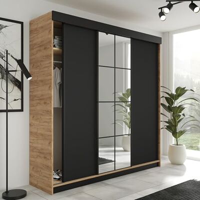 KIER FURNITURE LAMARO Schuifkast met spiegel Kledingkast slaapkamer Wardrobe Slaapkamer Kasten Kledingkasten 200x205x59cm Eiken Ambacht Goud & Zwart KIER FURNITURE LAMARO Schuifkast met spiegel Kledingkast slaapkamer Wardrobe Slaapkamer Kasten Kledingkasten 200x205x59cm Eiken Ambacht Goud & Zwart