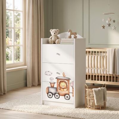 Happy Babies Kindercommode wit met 3 laden, ladekast met mooie print, waskast voor kinderkamer, babykamer, uniseks, nr. 102 Happy Babies Kindercommode wit met 3 laden, ladekast met mooie print, waskast voor kinderkamer, babykamer, uniseks, nr. 102