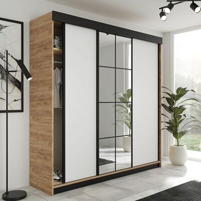 KIER FURNITURE LAMARO Schuifkast met spiegel Kledingkast slaapkamer Wardrobe Slaapkamer Kasten Kledingkasten 200x205x59cm Eiken Ambacht Goud & Wit KIER FURNITURE LAMARO Schuifkast met spiegel Kledingkast slaapkamer Wardrobe Slaapkamer Kasten Kledingkasten 200x205x59cm Eiken Ambacht Goud & Wit