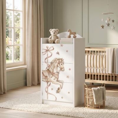 Happy Babies Kindercommode wit met 3 laden, ladekast met mooie print, waskast voor kinderkamer, babykamer, uniseks, nr. 396 Happy Babies Kindercommode wit met 3 laden, ladekast met mooie print, waskast voor kinderkamer, babykamer, uniseks, nr. 396
