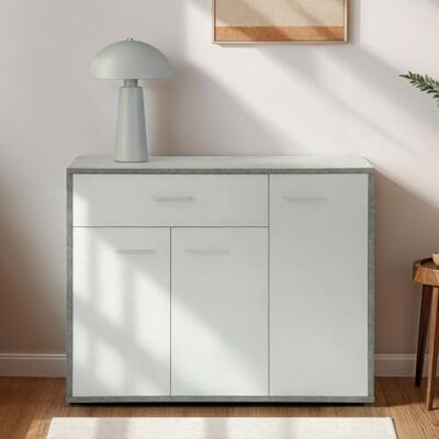 IDIMEX Camille schoenenkast, commode met 1 lade en 3 deuren met 7 binnenplanken, van hout, betonkleur en wit IDIMEX Camille schoenenkast, commode met 1 lade en 3 deuren met 7 binnenplanken, van hout, betonkleur en wit