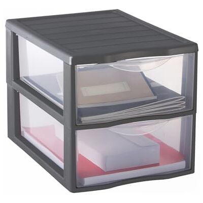 Sundis Orgamix, kleine opbergtoren van kunststof, grijs, 2 transparante laden, DIN A4, hoogte 25,5 cm, stapelbaar, ideaal voor het opbergen van cosmetica, sieraden, accessoires, benodigdheden Sundis Orgamix, kleine opbergtoren van kunststof, grijs, 2 transparante laden, DIN A4, hoogte 25,5 cm, stapelbaar, ideaal voor het opbergen van cosmetica, sieraden, accessoires, benodigdheden
