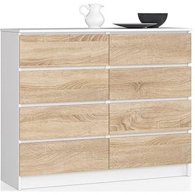AKORD K-120 commode met 8 laden, klassieke commode voor slaapkamer, woonkamer, opbergkast, L 120 x H 99 x D 40 cm, gewicht 65 kg, wit/Sonoma eiken AKORD K-120 commode met 8 laden, klassieke commode voor slaapkamer, woonkamer, opbergkast, L 120 x H 99 x D 40 cm, gewicht 65 kg, wit/Sonoma eiken