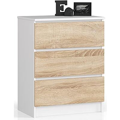 AKORD K60 Commode met 3 laden voor woonkamer, slaapkamer, kantoor, modern functioneel design, 60 x 77 x 40 cm (b x h x d), gewicht 25 kg, wit/Sonoma eiken AKORD K60 Commode met 3 laden voor woonkamer, slaapkamer, kantoor, modern functioneel design, 60 x 77 x 40 cm (b x h x d), gewicht 25 kg, wit/Sonoma eiken