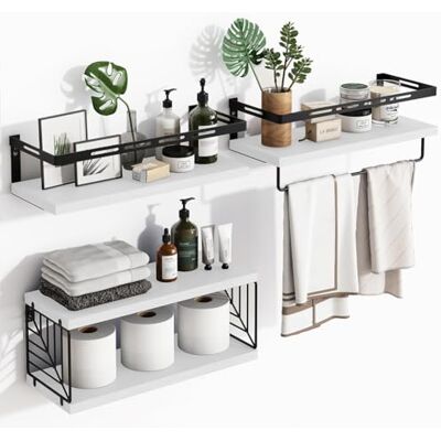 BAKAJI Set van 3 massief houten wandplanken, multifunctionele wandplanken, metalen houders en mand, planken voor slaapkamer, woonkamer, keuken, badkamer, boekenkast, winst BAKAJI Set van 3 massief houten wandplanken, multifunctionele wandplanken, metalen houders en mand, planken voor slaapkamer, woonkamer, keuken, badkamer, boekenkast, winst