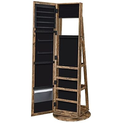 SONGMICS 360° draaibare sieradenkast met grote draai-spiegel, afsluitbare sieradenorganizer met binnenspiegel, opbergplanken achter, rustiek bruin, JJC062K01 SONGMICS 360° draaibare sieradenkast met grote draai-spiegel, afsluitbare sieradenorganizer met binnenspiegel, opbergplanken achter, rustiek bruin, JJC062K01