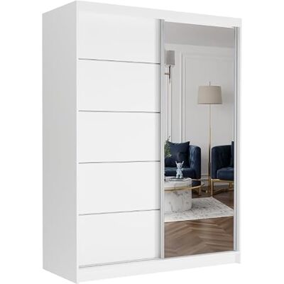 Easy4You Krudox Schuifdeurkast met spiegel, slaapkamerkast, multifunctioneel, met kledingstang, wit, 150 cm Easy4You Krudox Schuifdeurkast met spiegel, slaapkamerkast, multifunctioneel, met kledingstang, wit, 150 cm