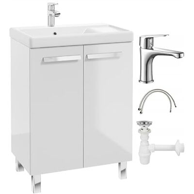 Deftrans . Meuble de lavabo avec lavabo en céramique et robinet chromé 80 x 60 cm Blanc brillant Avec égouttoir, système de fermeture amortie et siphon Deftrans . Meuble de lavabo avec lavabo en céramique et robinet chromé 80 x 60 cm Blanc brillant Avec égouttoir, système de fermeture amortie et siphon