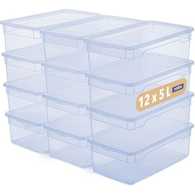 Rotho CLEAR Box Opbergdozen, 5 liter, met deksel, stapelbaar, ruimtebesparend, 33 x 19 x 11 cm, blauw, transparant, 12 stuks Rotho CLEAR Box Opbergdozen, 5 liter, met deksel, stapelbaar, ruimtebesparend, 33 x 19 x 11 cm, blauw, transparant, 12 stuks