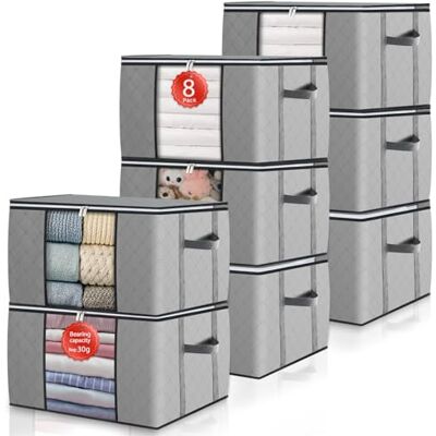 GoMaihe 8 x 90 liter opbergzakken met deksel, grote versterkte handgrepen, verhuisdozen voor dekbedden, onderbed, kledingkast, organizer, grijs GoMaihe 8 x 90 liter opbergzakken met deksel, grote versterkte handgrepen, verhuisdozen voor dekbedden, onderbed, kledingkast, organizer, grijs