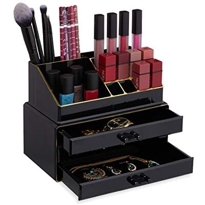 Relaxdays Make-up organizer, make-up opbergdoos met laden, stapelbaar, zwart/goud Relaxdays Make-up organizer, make-up opbergdoos met laden, stapelbaar, zwart/goud
