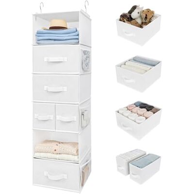 GRANNY SAYS Kledingrek om op te hangen met 6 vakken, kledingkast, hangende organizer met laden, zijvakken, opslag van stof, kledingorganizer, wit GRANNY SAYS Kledingrek om op te hangen met 6 vakken, kledingkast, hangende organizer met laden, zijvakken, opslag van stof, kledingorganizer, wit