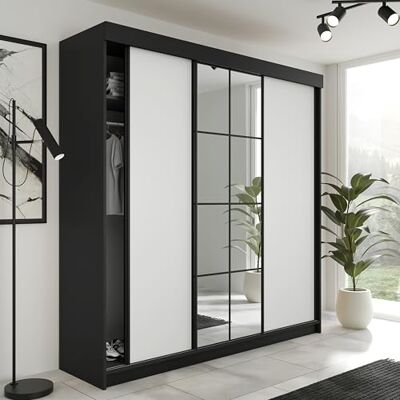 KIER FURNITURE LAMARO Schuifkast met spiegel – kledingkast voor slaapkamer – kledingkast – kledingkast – 250 x 205 x 59 cm – zwart & wit KIER FURNITURE LAMARO Schuifkast met spiegel – kledingkast voor slaapkamer – kledingkast – kledingkast – 250 x 205 x 59 cm – zwart & wit