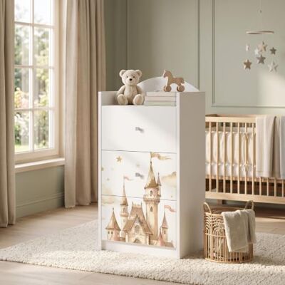 Happy Babies Kindercommode wit met 3 laden, ladekast met mooie print, waskast voor kinderkamer, babykamer, uniseks, nr. 389 Happy Babies Kindercommode wit met 3 laden, ladekast met mooie print, waskast voor kinderkamer, babykamer, uniseks, nr. 389