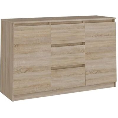 CDF Lage commode, 2 deuren en 3 laden, dressoir, opbergkast, woonkamer, slaapkamer, kantoor, 120 x 40 x 75 cm, Sonoma eiken CDF Lage commode, 2 deuren en 3 laden, dressoir, opbergkast, woonkamer, slaapkamer, kantoor, 120 x 40 x 75 cm, Sonoma eiken