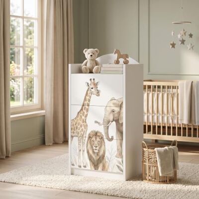 Happy Babies Kindercommode wit met 3 laden, ladekast met mooie print, waskast voor kinderkamer, babykamer, uniseks, nr. 378 Happy Babies Kindercommode wit met 3 laden, ladekast met mooie print, waskast voor kinderkamer, babykamer, uniseks, nr. 378