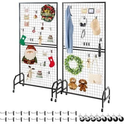 VEVOR Set van 2 rasterwandpanelen, 898 x 1798 mm, beweegbare planken met wielen en 10 haken, zwart koolstofstalen rooster voor ambachtelijke tentoonstelling, decoratie, opslag, schilderij VEVOR Set van 2 rasterwandpanelen, 898 x 1798 mm, beweegbare planken met wielen en 10 haken, zwart koolstofstalen rooster voor ambachtelijke tentoonstelling, decoratie, opslag, schilderij