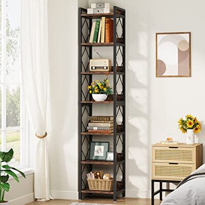 Tribesigns Extra hoge smalle boekenkast, 200 cm, dunne boekenkast met 7 niveaus voor kleine ruimtes, vrijstaande planken, multifunctionele hoekorganizer voor thuis, kantoor, bruin Tribesigns Extra hoge smalle boekenkast, 200 cm, dunne boekenkast met 7 niveaus voor kleine ruimtes, vrijstaande planken, multifunctionele hoekorganizer voor thuis, kantoor, bruin
