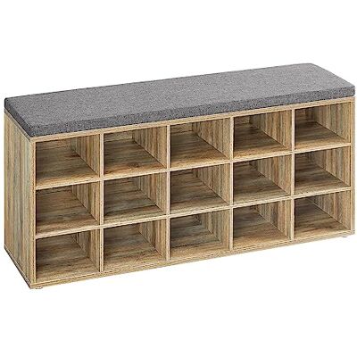 VASAGLE LHS015T60 Schoenenbank voor entree met gevoerde zitting en 15 vakken, entree schoenenrek, belastbaar tot 200 kg, eik met blauwe en grijze nerven Organiseur, pour Entrée, Couloir, Placard, Marron Turquoise et Gris Tourterelle, Collection CUSTOS L VASAGLE LHS015T60 Schoenenbank voor entree met gevoerde zitting en 15 vakken, entree schoenenrek, belastbaar tot 200 kg, eik met blauwe en grijze nerven Organiseur, pour Entrée, Couloir, Placard, Marron Turquoise et Gris Tourterelle, Collection CUSTOS L
