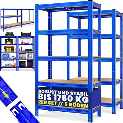 Monzana Set van 2 zware rekken 180 x 90 x 40 cm, blauw, 1750 kg, 10 MDF-platen, montagemateriaal, opbergrek, metaal, voor kelder, werkplaats Monzana Set van 2 zware rekken 180 x 90 x 40 cm, blauw, 1750 kg, 10 MDF-platen, montagemateriaal, opbergrek, metaal, voor kelder, werkplaats