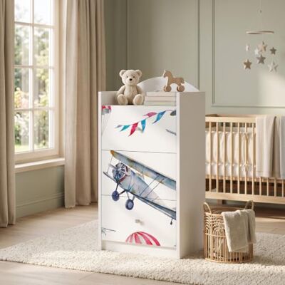 Happy Babies Kindercommode wit met 3 laden, ladekast met mooie print, waskast voor kinderkamer, babykamer, uniseks, nr. 402 Happy Babies Kindercommode wit met 3 laden, ladekast met mooie print, waskast voor kinderkamer, babykamer, uniseks, nr. 402