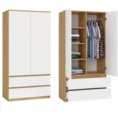 CDF Slaapkamerkast 2 deuren 2 laden met planken, volwassen slaapkamer kast één stang kledingkast multifunctioneel kledingkast gelamineerd paneel 16 mm breedte 90 cm eiken/wit CDF Slaapkamerkast 2 deuren 2 laden met planken, volwassen slaapkamer kast één stang kledingkast multifunctioneel kledingkast gelamineerd paneel 16 mm breedte 90 cm eiken/wit
