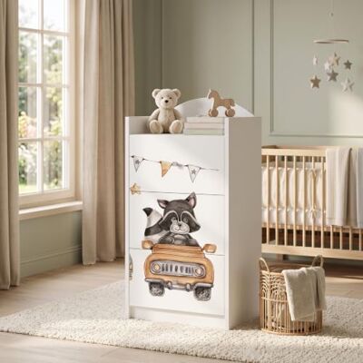 Happy Babies Kindercommode wit met 3 laden, ladekast met mooie print, waskast voor kinderkamer, babykamer, uniseks, nr. 107 Happy Babies Kindercommode wit met 3 laden, ladekast met mooie print, waskast voor kinderkamer, babykamer, uniseks, nr. 107