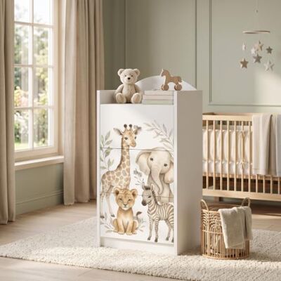 Happy Babies Kindercommode wit met 3 laden, ladekast met mooie print, waskast voor kinderkamer, babykamer, uniseks, nr. 170 Happy Babies Kindercommode wit met 3 laden, ladekast met mooie print, waskast voor kinderkamer, babykamer, uniseks, nr. 170