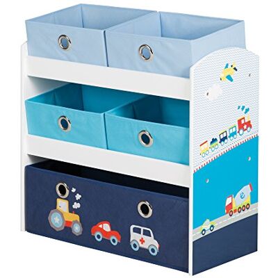 roba Speelgoedrek, speelrek voor kinderkamer, met 5 stoffen dozen, motief auto, blauw, opslag voor jongens en meisjes, wit hout roba Speelgoedrek, speelrek voor kinderkamer, met 5 stoffen dozen, motief auto, blauw, opslag voor jongens en meisjes, wit hout