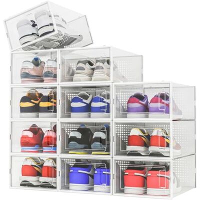 BAKAJI Set van 12 stapelbare schoenendozen met deksels, eenvoudige montage, schoenenrek, ruimtebesparend, transparant, opbergdozen, 12 stuks, 33,5 x 23 x BAKAJI Set van 12 stapelbare schoenendozen met deksels, eenvoudige montage, schoenenrek, ruimtebesparend, transparant, opbergdozen, 12 stuks, 33,5 x 23 x