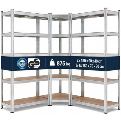 Arebos Set van 3 rekken voor zware lasten, combinatie van hoekplanken, draagvermogen tot 875 kg, montage met bevestigingssysteem, robuust metalen frame Arebos Set van 3 rekken voor zware lasten, combinatie van hoekplanken, draagvermogen tot 875 kg, montage met bevestigingssysteem, robuust metalen frame