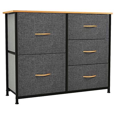 YITAHOME Kationische stoffen commode met 5 laden voor slaapkamer, woonkamer, robuust stalen frame, gemakkelijk te trekken stoffen bakken en houten bovenkant, stoffen commode YITAHOME Kationische stoffen commode met 5 laden voor slaapkamer, woonkamer, robuust stalen frame, gemakkelijk te trekken stoffen bakken en houten bovenkant, stoffen commode