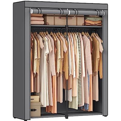 SONGMICS Kledingkast, draagbaar, met ophangstang, kledingrek, opvouwbaar, kleedkamer, slaapkamer, werkkamer, 140 x 43 x 174 cm, grijs, RYG02GY SONGMICS Kledingkast, draagbaar, met ophangstang, kledingrek, opvouwbaar, kleedkamer, slaapkamer, werkkamer, 140 x 43 x 174 cm, grijs, RYG02GY