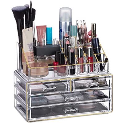 Relaxdays Make-up organizer acryl, 2-delige make-up bewaardoos met lippenstifthouder en 4 laden, transparant/goud Relaxdays Make-up organizer acryl, 2-delige make-up bewaardoos met lippenstifthouder en 4 laden, transparant/goud