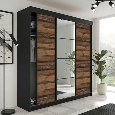 KIER FURNITURE LAMARO Schuifkast met spiegel Slaapkamerkast Wardrobe Slaapkamer Kasten Kledingkast 200x205x59cm Zwart & Old Style KIER FURNITURE LAMARO Schuifkast met spiegel Slaapkamerkast Wardrobe Slaapkamer Kasten Kledingkast 200x205x59cm Zwart & Old Style