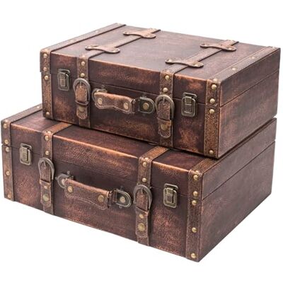 HMF VKO103 Set van 2 vintage houten koffers, maten, klassieke decoratie HMF VKO103 Set van 2 vintage houten koffers, maten, klassieke decoratie