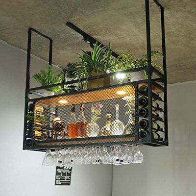 Creative Plafondrek met wijnglashouder, wandhouder voor flessen, hangrek voor keuken, bar, hout, metalen hangplank, wijnglashouder, wijnkast Creative Plafondrek met wijnglashouder, wandhouder voor flessen, hangrek voor keuken, bar, hout, metalen hangplank, wijnglashouder, wijnkast