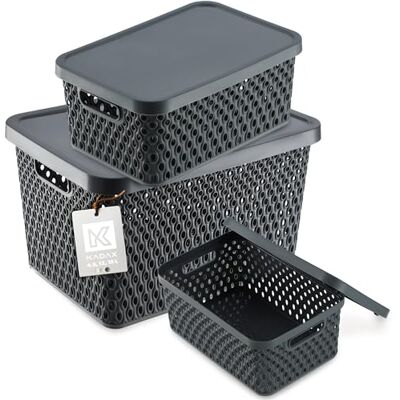 KADAX Set van 3 opbergmanden met deksel, moderne kunststof opbergdoos met ventilatiegaten, 4,5 l, 12 l, 18 liter, grijs KADAX Set van 3 opbergmanden met deksel, moderne kunststof opbergdoos met ventilatiegaten, 4,5 l, 12 l, 18 liter, grijs