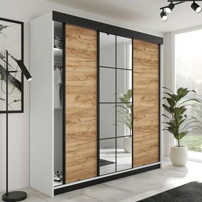 KIER FURNITURE LAMARO Schuifkast met spiegel Slaapkamerkast Wardrobe Slaapkamer Kasten Kledingkasten 250 x 205 x 59 cm Wit & Eiken Handwerk Goud KIER FURNITURE LAMARO Schuifkast met spiegel Slaapkamerkast Wardrobe Slaapkamer Kasten Kledingkasten 250 x 205 x 59 cm Wit & Eiken Handwerk Goud